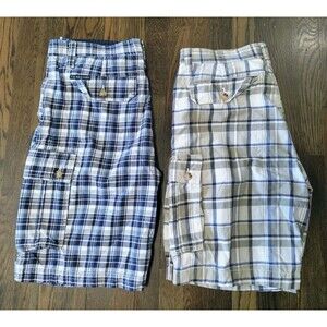 U.S. Polo Assn Cargo Shorts Men's 36 Inseam 11 Blue Beige Plaid Set of 2 Cotton